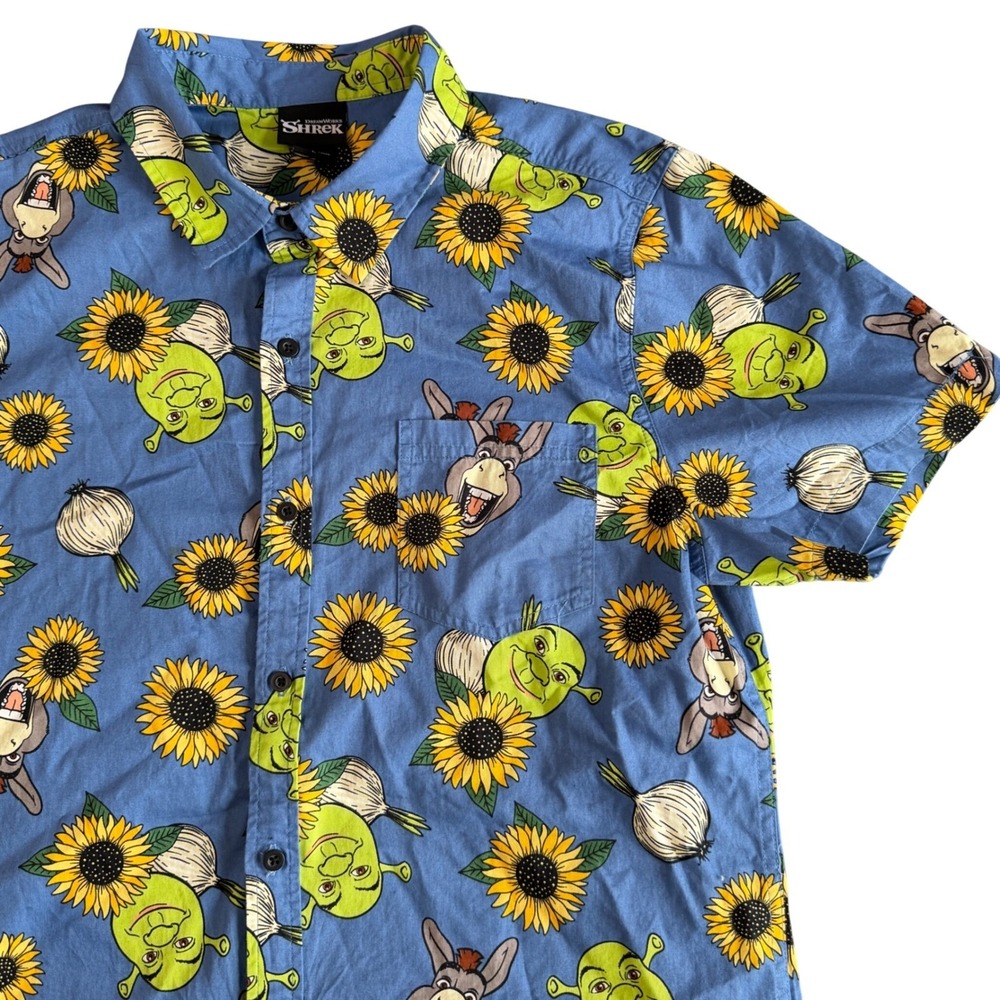 DreamWorks Shrek Cotton Poplin Shirt L Funky Quirky Dopamine Sunflower Donkey